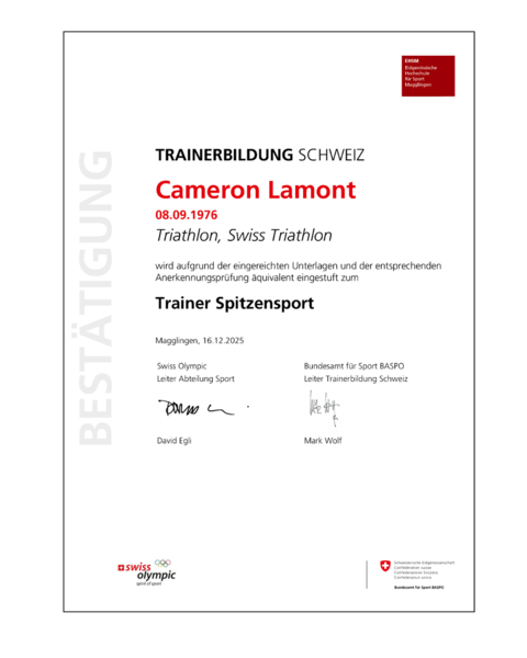 Herzliche Gratulation: Cameron Lamont als Trainer Spitzensport anerkannt